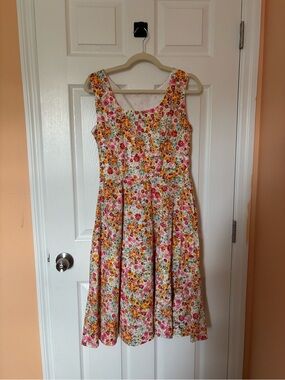 Floral Sleeveless Fit & Flare Dress in White with Pink and Yellow Flowers
